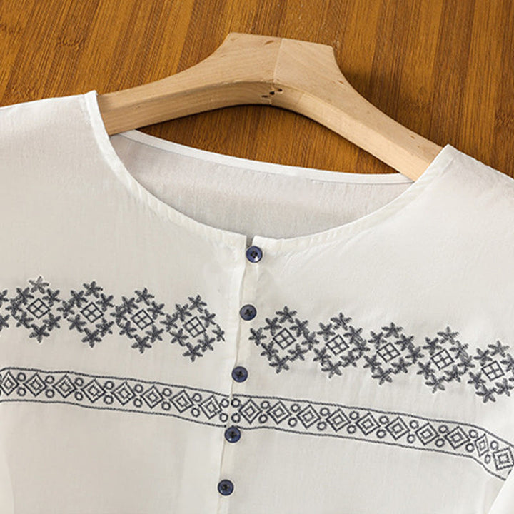 Camisa de algodón para mujer con mangas largas tipo farol y botones plisados ​​con bordado de Buddha Stones - image 3