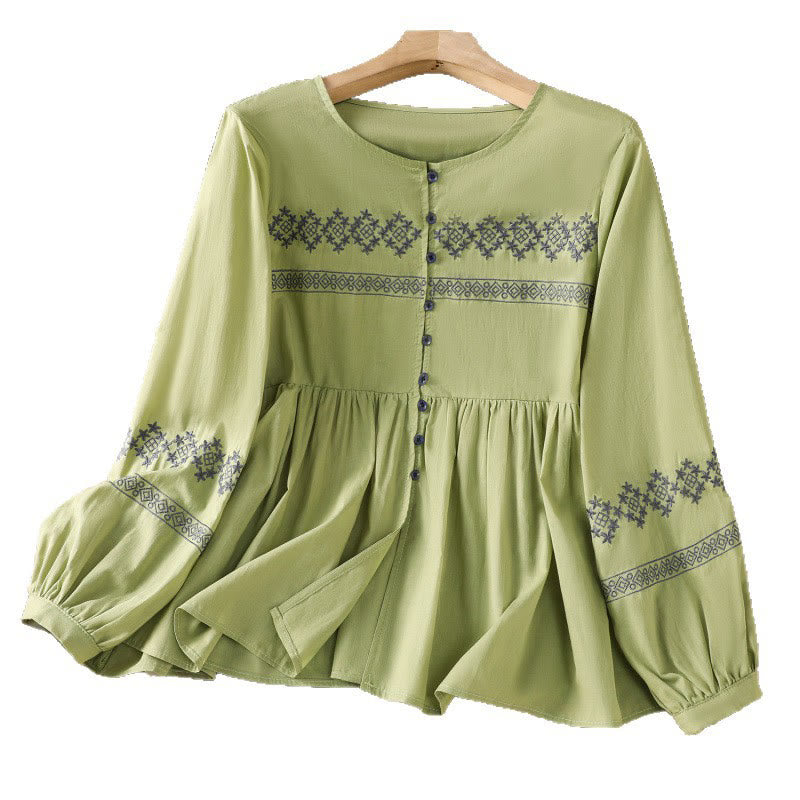 Camisa de algodón para mujer con mangas largas tipo farol y botones plisados ​​con bordado de Buddha Stones - image 29