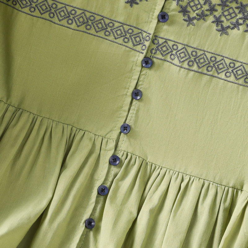Camisa de algodón para mujer con mangas largas tipo farol y botones plisados ​​con bordado de Buddha Stones - image 25