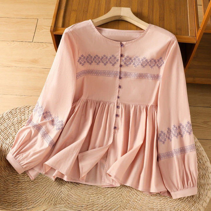 Camisa de algodón para mujer con mangas largas tipo farol y botones plisados ​​con bordado de Buddha Stones - Salmón claro - US12, UK/AU16, EU44 (2XL) - image 10