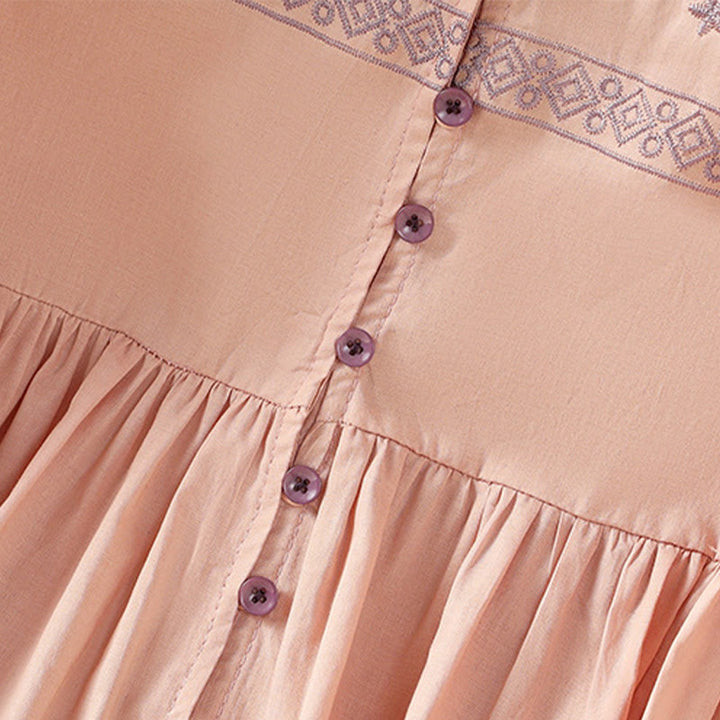 Camisa de algodón para mujer con mangas largas tipo farol y botones plisados ​​con bordado de Buddha Stones - image 15