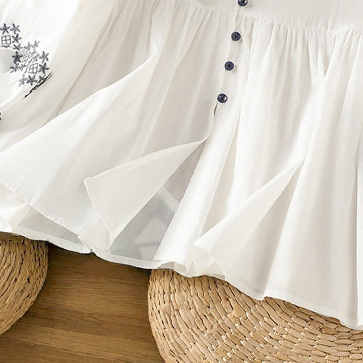 Camisa de algodón para mujer con mangas largas tipo farol y botones plisados ​​con bordado de Buddha Stones - image 9