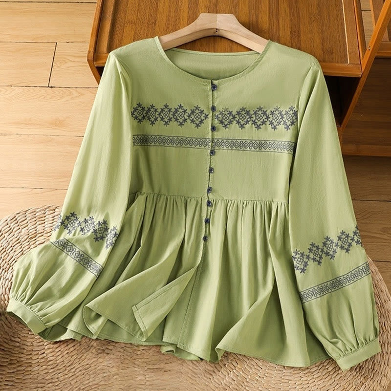 Camisa de algodón para mujer con mangas largas tipo farol y botones plisados ​​con bordado de Buddha Stones - AmarilloVerde - US12, UK/AU16, EU44 (2XL) - image 20