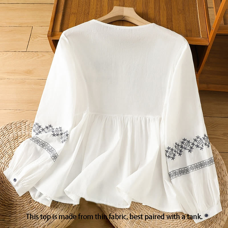 Camisa de algodón para mujer con mangas largas tipo farol y botones plisados ​​con bordado de Buddha Stones - image 2