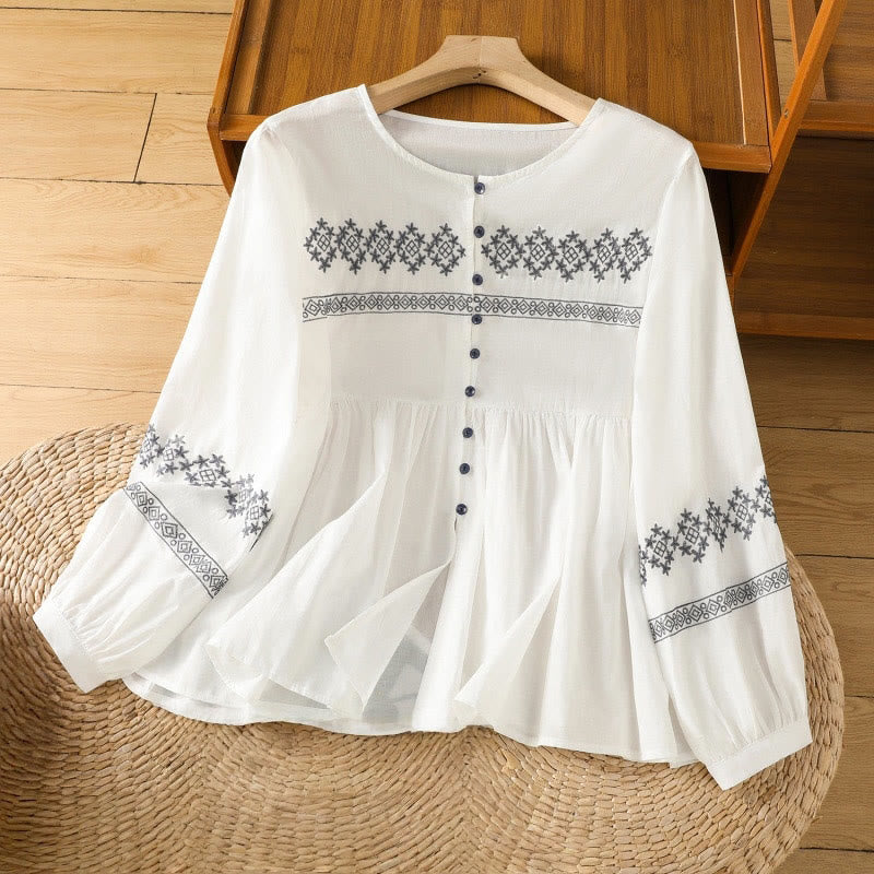 Camisa de algodón para mujer con mangas largas tipo farol y botones plisados ​​con bordado de Buddha Stones - Blanco - US12, UK/AU16, EU44 (2XL) - image 1