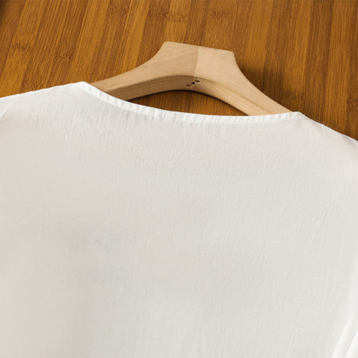 Camisa de algodón para mujer con mangas largas tipo farol y botones plisados ​​con bordado de Buddha Stones - image 5