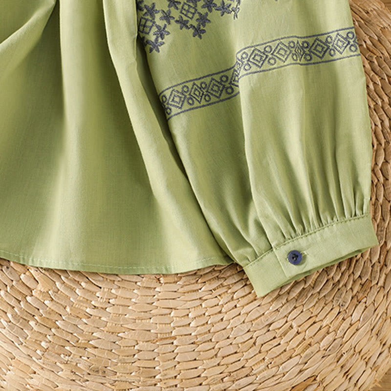 Camisa de algodón para mujer con mangas largas tipo farol y botones plisados ​​con bordado de Buddha Stones - image 27