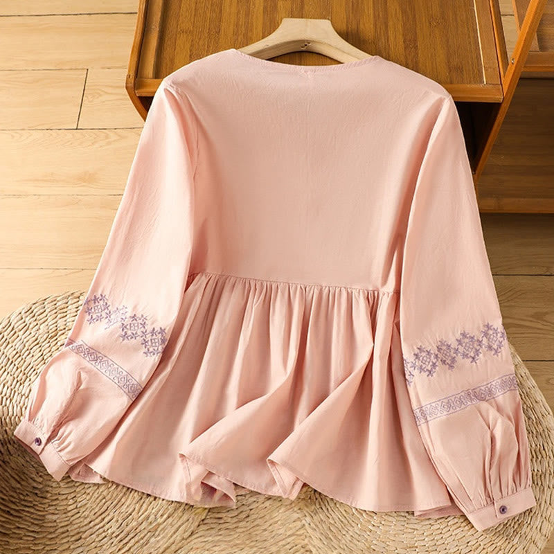 Camisa de algodón para mujer con mangas largas tipo farol y botones plisados ​​con bordado de Buddha Stones - image 11