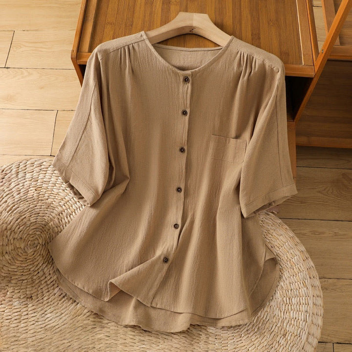 Camisa informal de lino y algodón para mujer, de manga corta, con botones y bolsillo , de Buddha Stones - Vara de oro - US8-10，UK/AU12-14，EU40-42 (2XL) - image 25