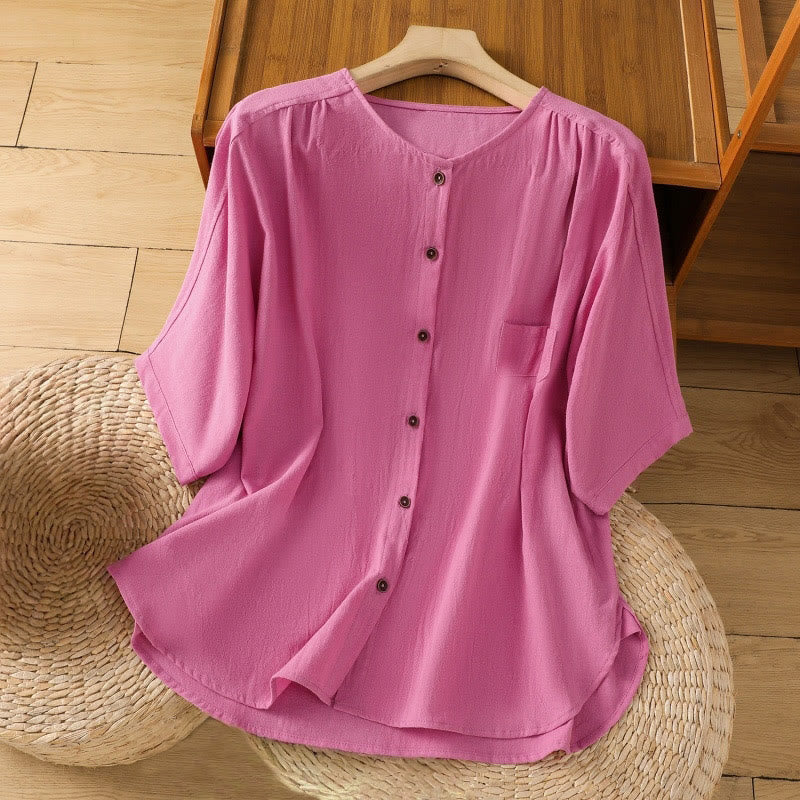 Camisa informal de lino y algodón para mujer, de manga corta, con botones y bolsillo , de Buddha Stones - Rosa oscuro - US8-10，UK/AU12-14，EU40-42 (2XL) - image 35