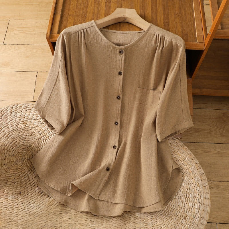 Camisa informal de lino y algodón para mujer, de manga corta, con botones y bolsillo , de Buddha Stones - Vara de oro - US8-10，UK/AU12-14，EU40-42 (2XL) - image 25
