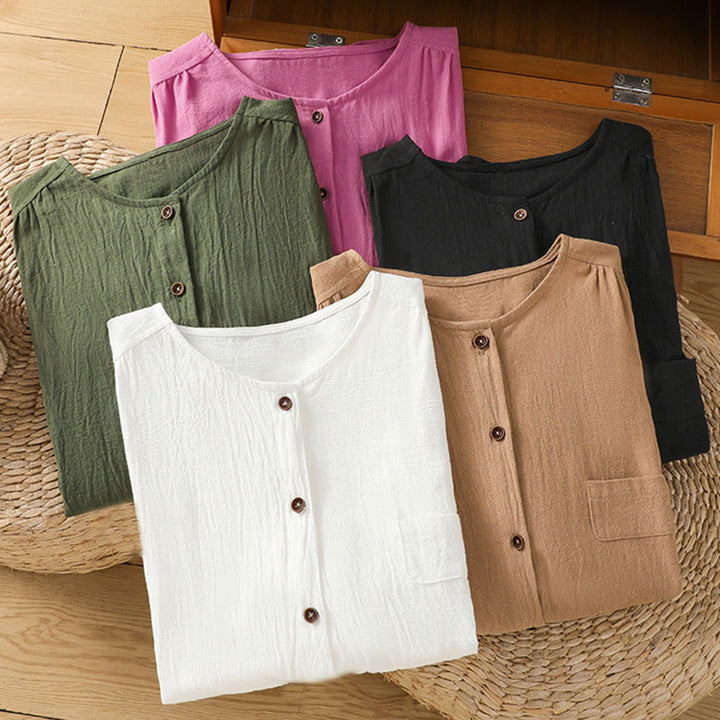 Camisa informal de lino y algodón para mujer, de manga corta, con botones y bolsillo , de Buddha Stones - image 41