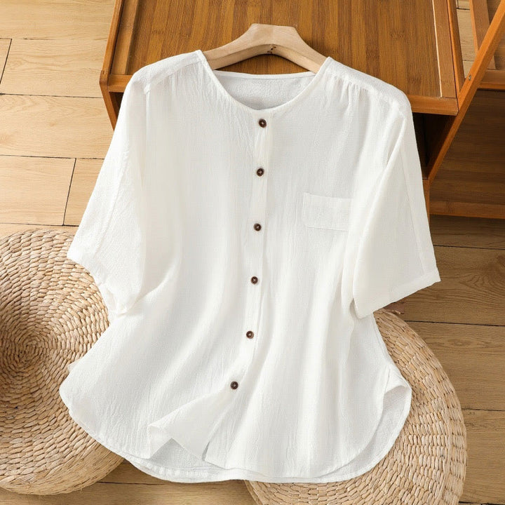 Camisa informal de lino y algodón para mujer, de manga corta, con botones y bolsillo , de Buddha Stones - Blanco - US8-10，UK/AU12-14，EU40-42 (2XL) - image 17