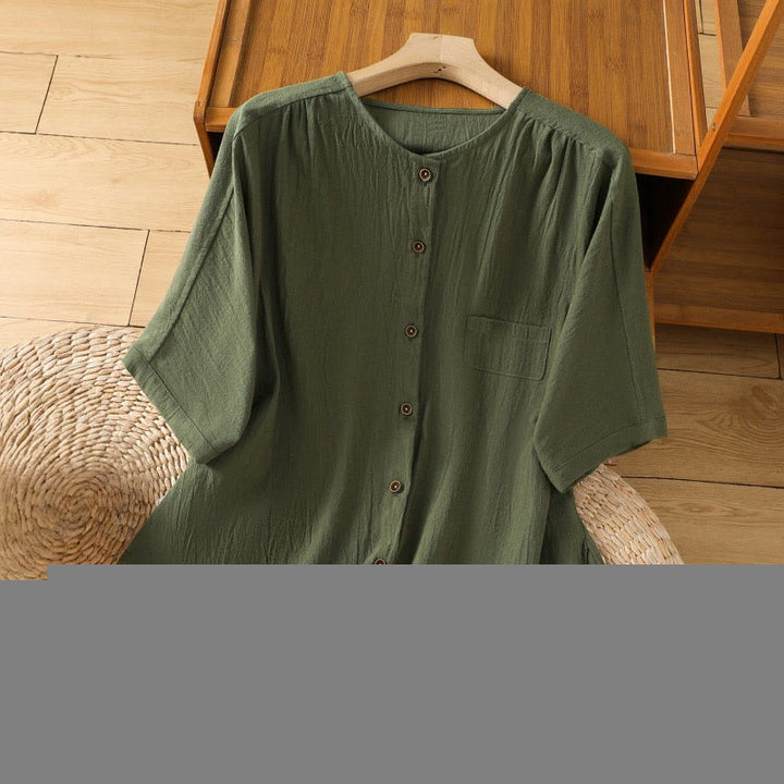 Camisa informal de lino y algodón para mujer, de manga corta, con botones y bolsillo , de Buddha Stones - Verde oscuro - US8-10，UK/AU12-14，EU40-42 (2XL) - image 0