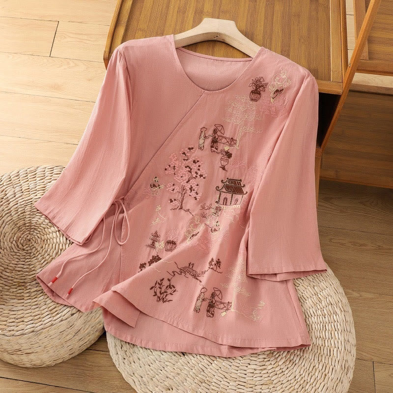 Camiseta de lino y algodón con bordado retro de Buddha Stones , con cordones, manga tres cuartos para mujer - Salmón - US12, UK/AU16, EU44 (2XL) - image 8