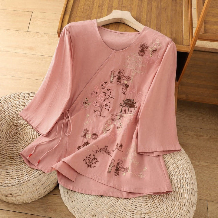 Camiseta de lino y algodón con bordado retro de Buddha Stones , con cordones, manga tres cuartos para mujer - Salmón - US12, UK/AU16, EU44 (2XL) - image 8