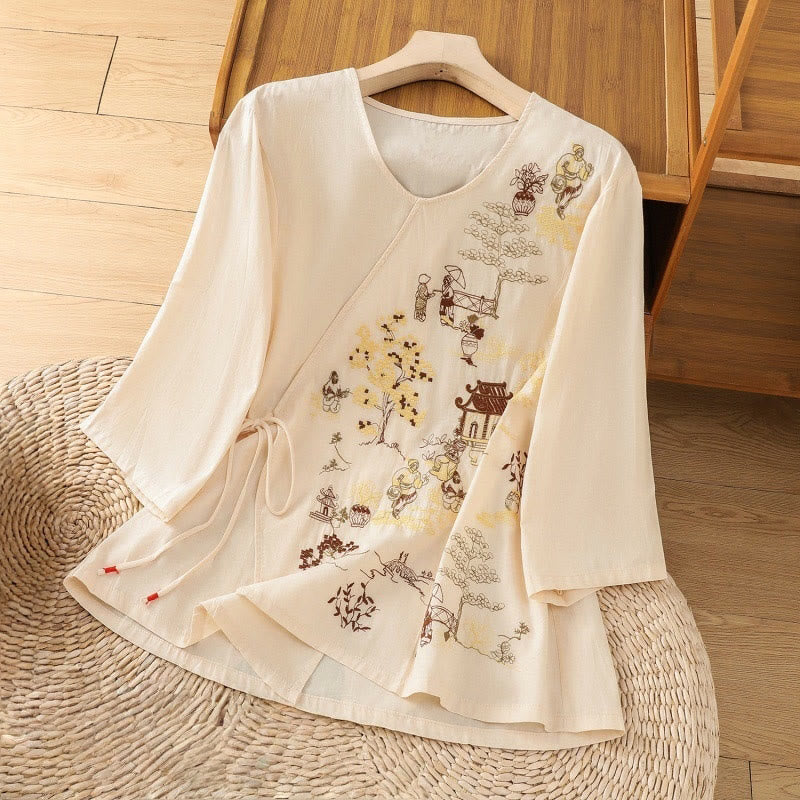Camiseta de lino y algodón con bordado retro de Buddha Stones , con cordones, manga tres cuartos para mujer - LimónChiffon - US12, UK/AU16, EU44 (2XL) - image 0