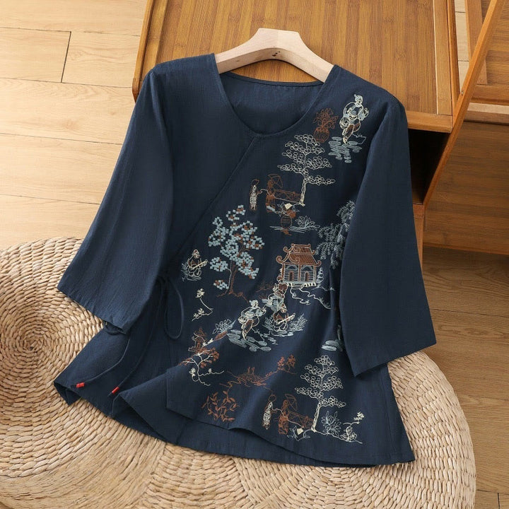 Camiseta de lino y algodón con bordado retro de Buddha Stones , con cordones, manga tres cuartos para mujer - Azul medianoche - US12, UK/AU16, EU44 (2XL) - image 14