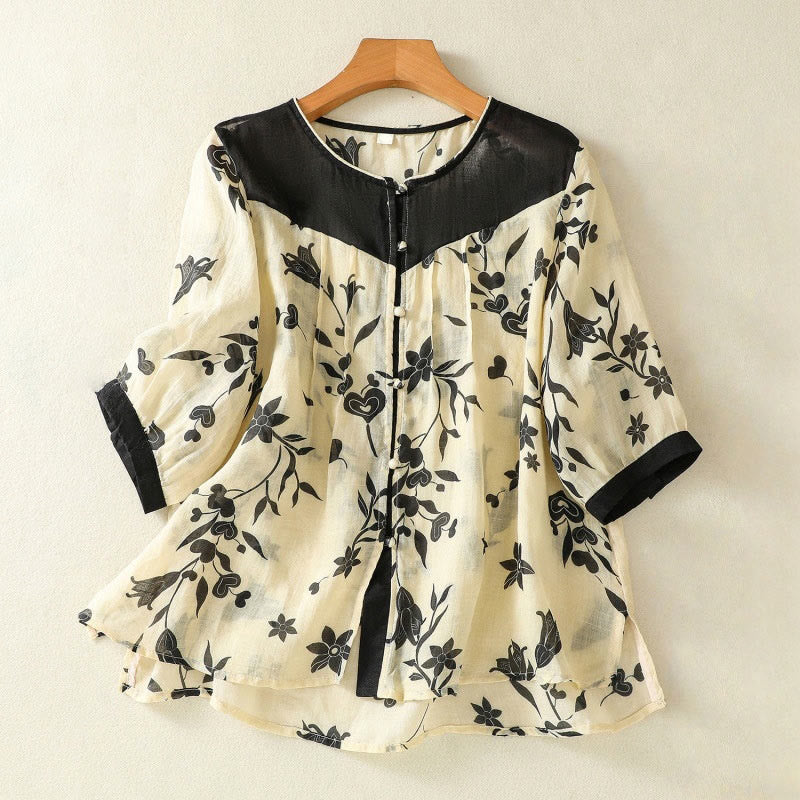 Camisa de mujer de media manga con estampado de Buddha Stones , botones florales y contraste de color - Negro - US8-10，UK/AU12-14，EU40-42 (2XL) - image 0
