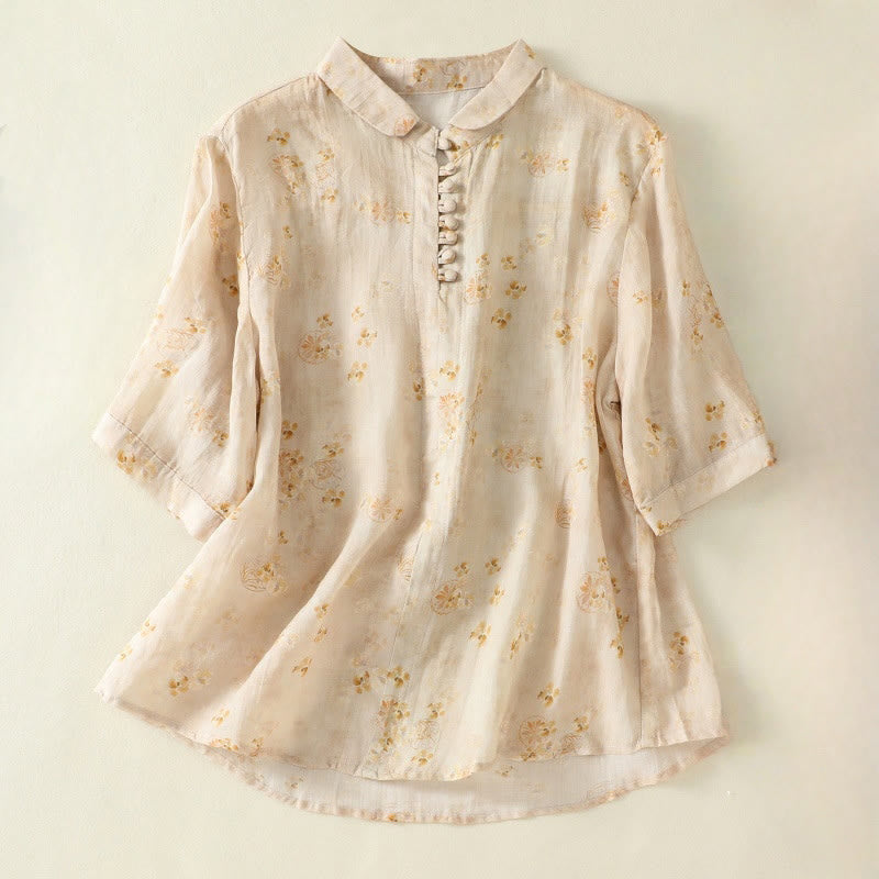 Camisa de algodón para mujer con estampado de Buddha Stones , botones de rana, solapa y media manga - LimónChiffon - US8-10，UK/AU12-14，EU40-42 (2XL) - image 8