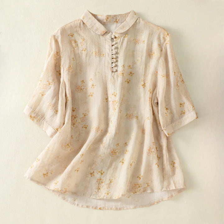 Camisa de algodón para mujer con estampado de Buddha Stones , botones de rana, solapa y media manga - LimónChiffon - US8-10，UK/AU12-14，EU40-42 (2XL) - image 8
