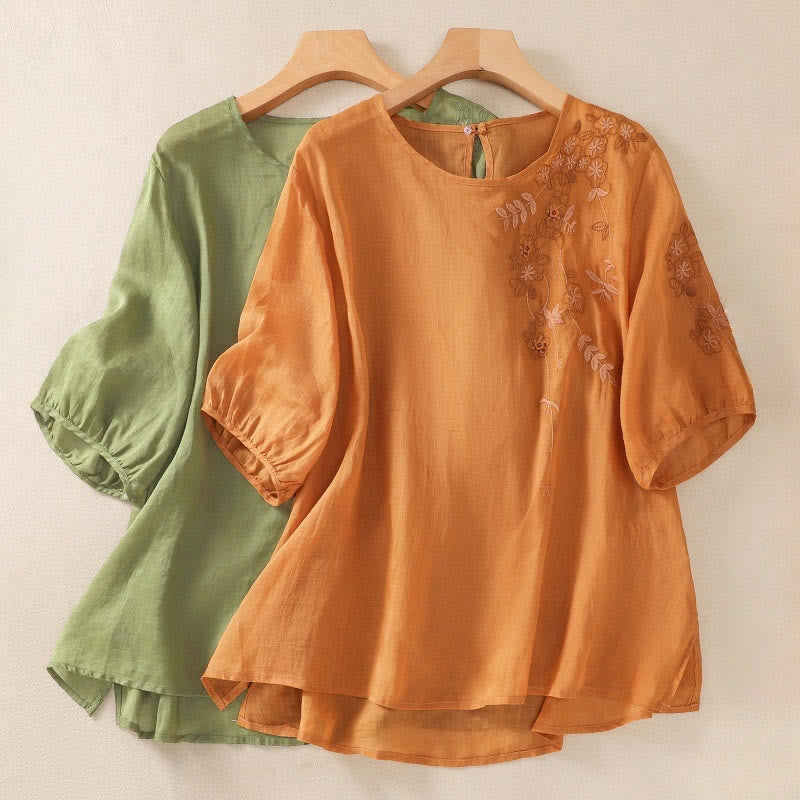 Camiseta de algodón y lino de media manga para mujer con bordado floral de Buddha Stones y dobladillo con abertura - image 20