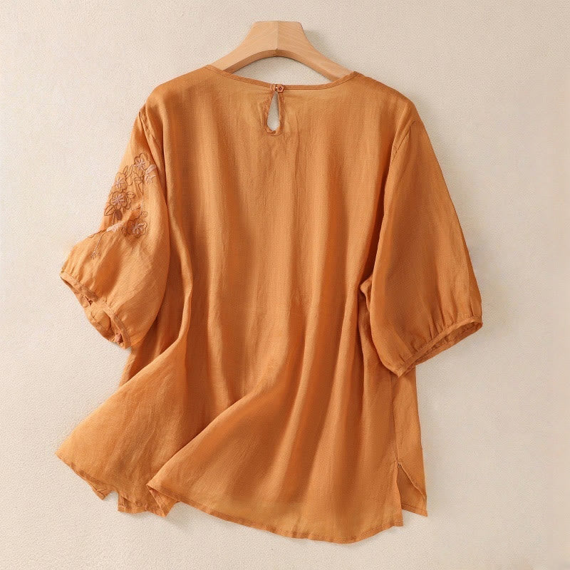Camiseta de algodón y lino de media manga para mujer con bordado floral de Buddha Stones y dobladillo con abertura - image 11