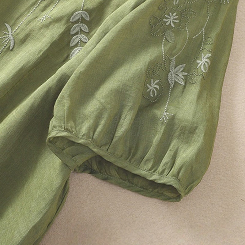 Camiseta de algodón y lino de media manga para mujer con bordado floral de Buddha Stones y dobladillo con abertura - image 6