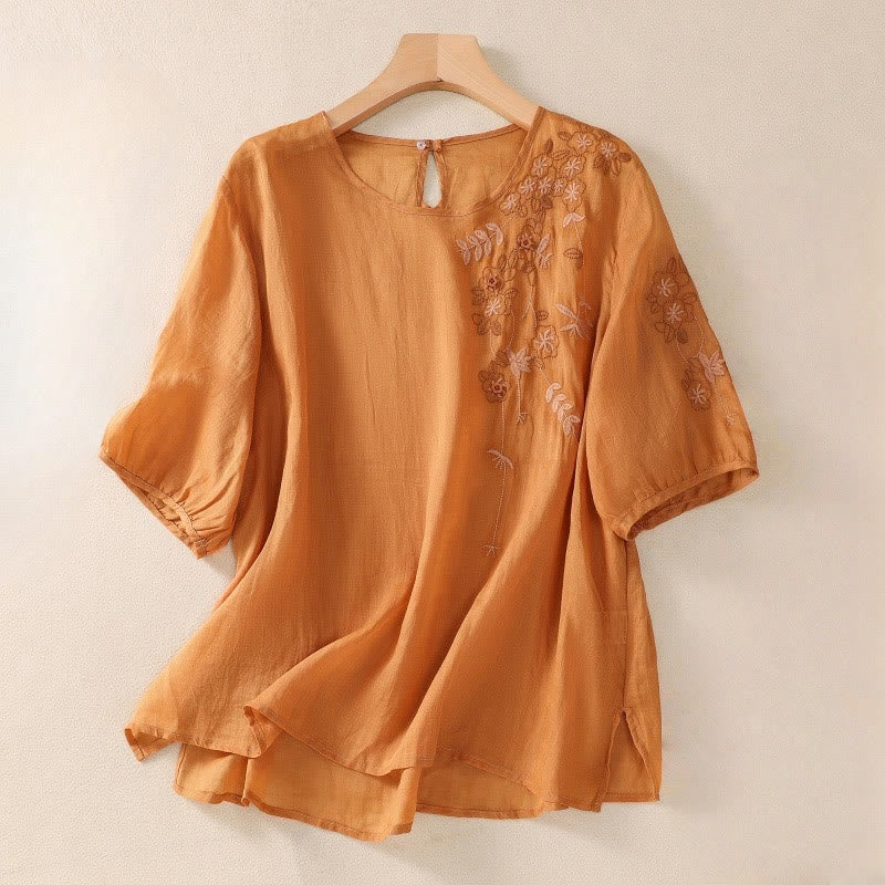 Camiseta de algodón y lino de media manga para mujer con bordado floral de Buddha Stones y dobladillo con abertura - Naranja oscuro - US14，UK/AU18，EU46 (2XL) - image 10