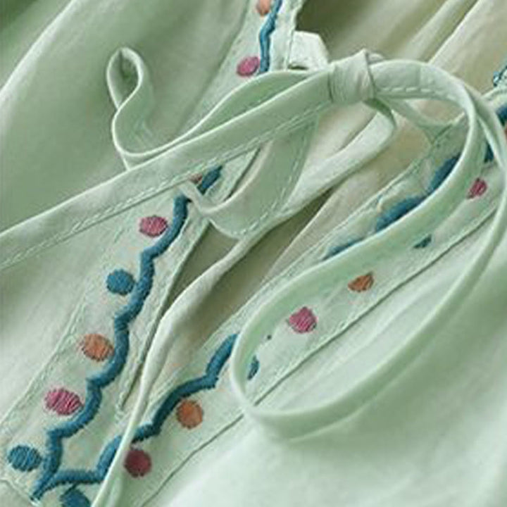 Camiseta de lino y algodón para mujer con mangas tres cuartos de farol y bordado de Buddha Stones de verano - image 3