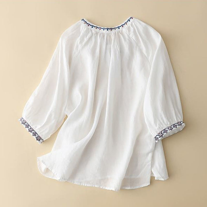 Camiseta de lino y algodón para mujer con mangas tres cuartos de farol y bordado de Buddha Stones de verano - image 7