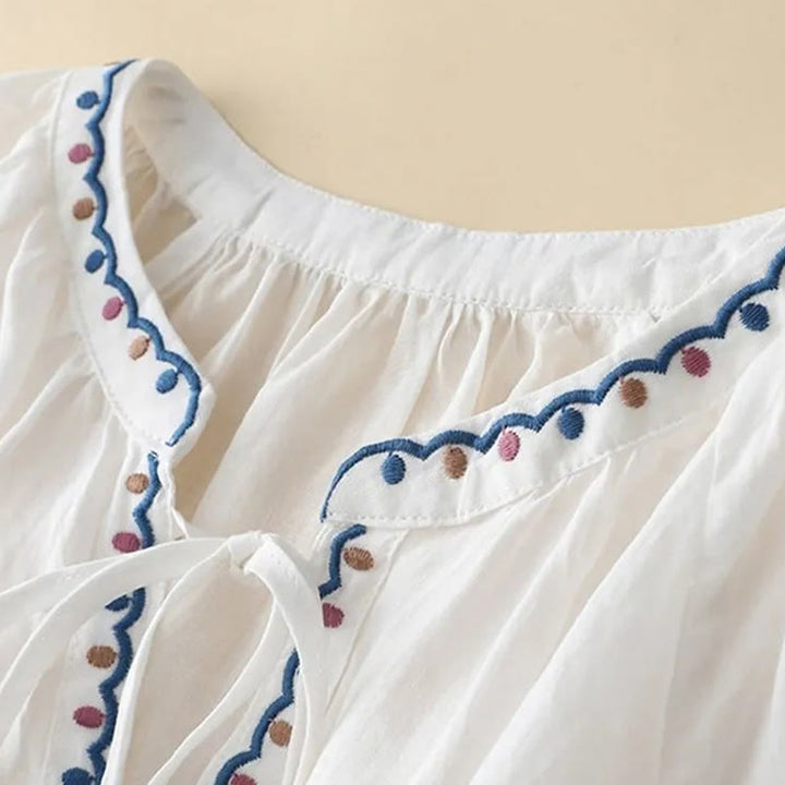 Camiseta de lino y algodón para mujer con mangas tres cuartos de farol y bordado de Buddha Stones de verano - image 8