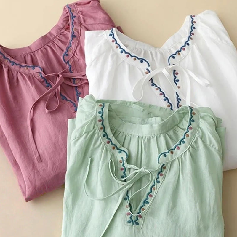Camiseta de lino y algodón para mujer con mangas tres cuartos de farol y bordado de Buddha Stones de verano - image 17