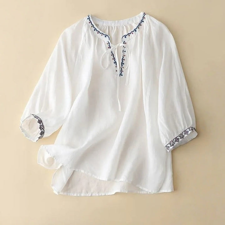 Camiseta de lino y algodón para mujer con mangas tres cuartos de farol y bordado de Buddha Stones de verano - Blanco - US14, UK/AU18, EU46 (3XL) - image 4