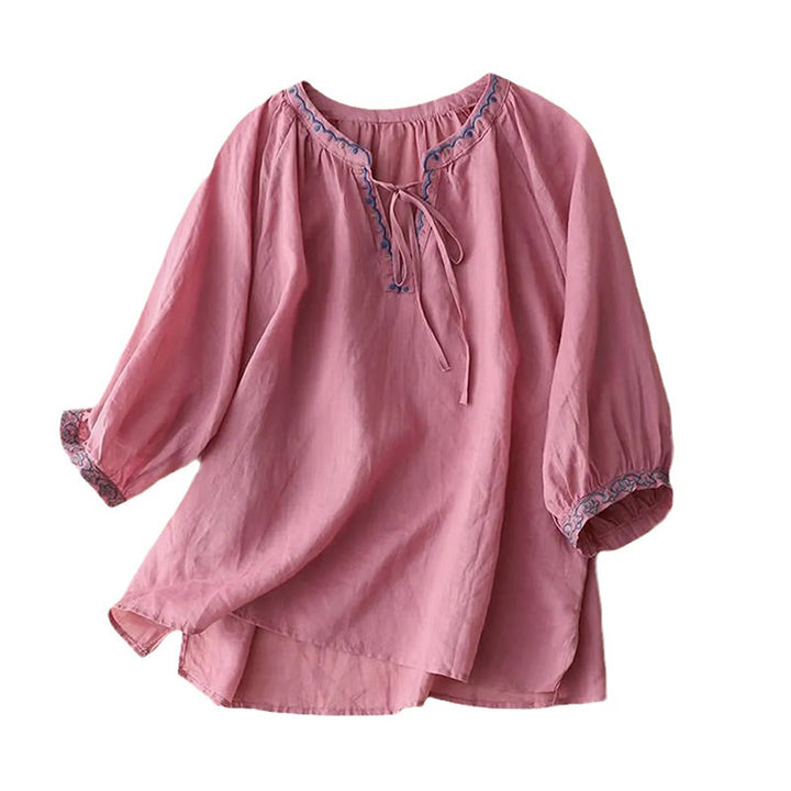 Camiseta de lino y algodón para mujer con mangas tres cuartos de farol y bordado de Buddha Stones de verano - image 16