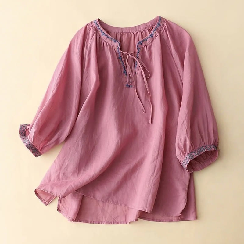 Camiseta de lino y algodón para mujer con mangas tres cuartos de farol y bordado de Buddha Stones de verano - Violeta pálido rojo - US14, UK/AU18, EU46 (3XL) - image 12