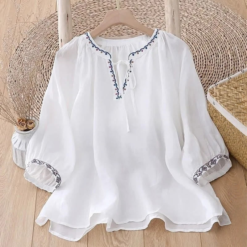 Camiseta de lino y algodón para mujer con mangas tres cuartos de farol y bordado de Buddha Stones de verano - image 5