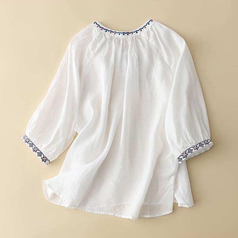 Camiseta de lino y algodón para mujer con mangas tres cuartos de farol y bordado de Buddha Stones de verano - image 6
