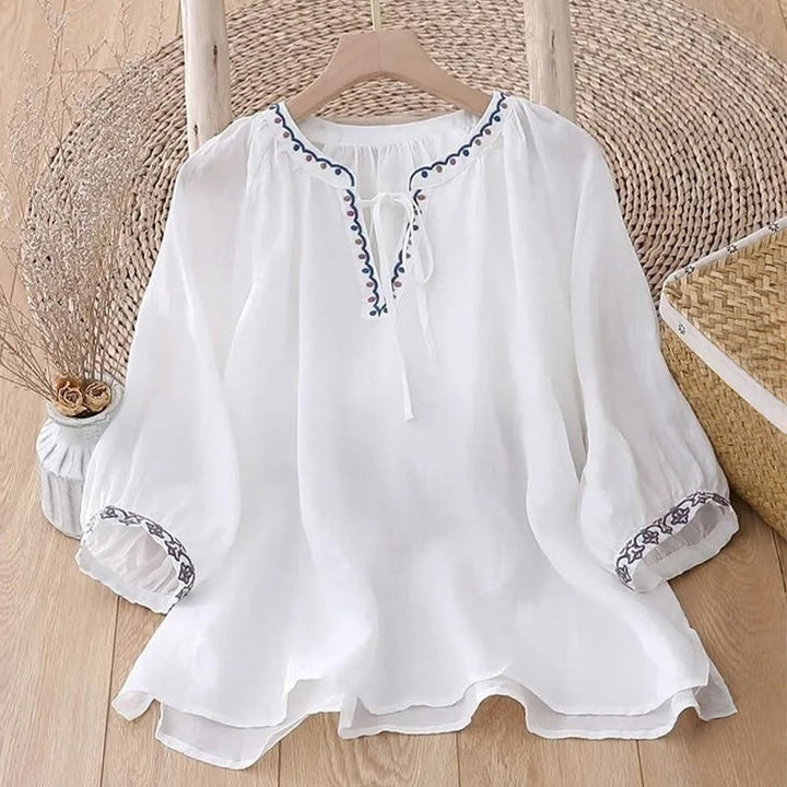 Camiseta de lino y algodón para mujer con mangas tres cuartos de farol y bordado de Buddha Stones de verano - image 6