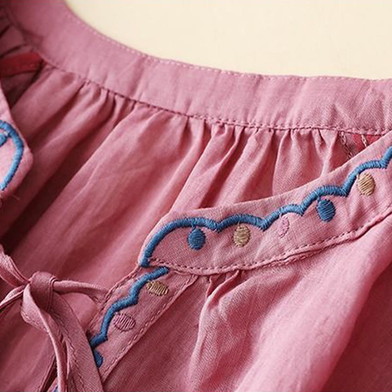 Camiseta de lino y algodón para mujer con mangas tres cuartos de farol y bordado de Buddha Stones de verano - image 12
