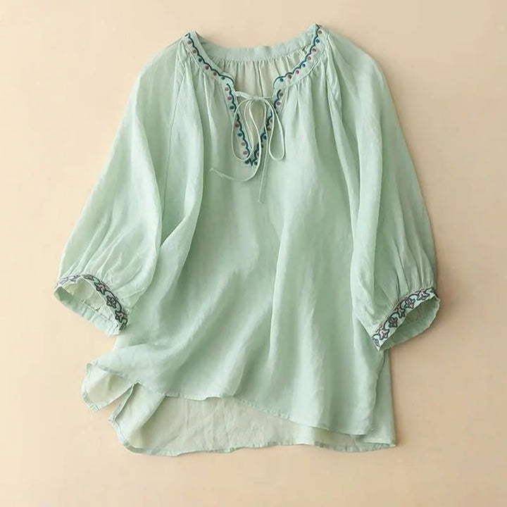 Camiseta de lino y algodón para mujer con mangas tres cuartos de farol y bordado de Buddha Stones de verano - Aguamarina - US14, UK/AU18, EU46 (3XL) - image 1