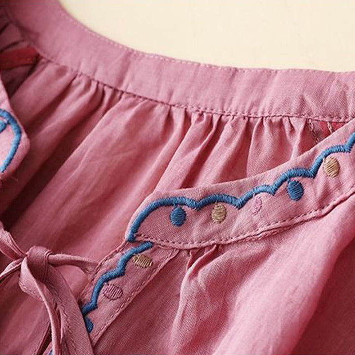 Camiseta de lino y algodón para mujer con mangas tres cuartos de farol y bordado de Buddha Stones de verano - image 13