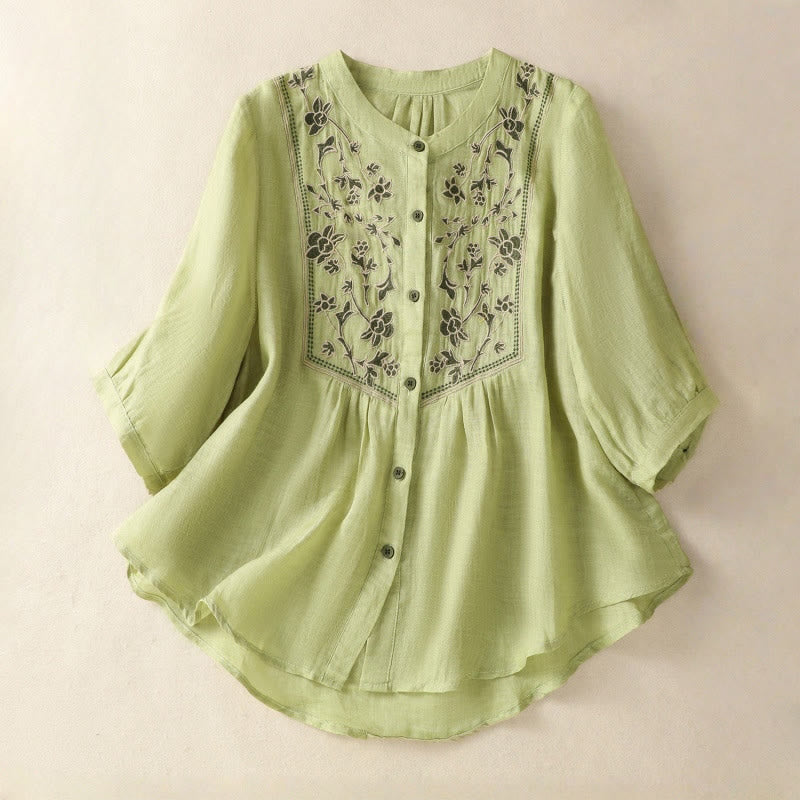 Camisa de lino y algodón para mujer, de manga tres cuartos, con bordado de Buddha Stones y botonadura sencilla - Verde claro - US12, UK/AU16, EU44 (2XL) - image 0