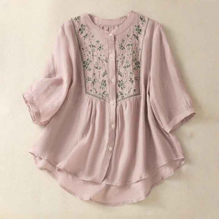 Camisa de lino y algodón para mujer, de manga tres cuartos, con bordado de Buddha Stones y botonadura sencilla - RosyBrown - US12, UK/AU16, EU44 (2XL) - image 10