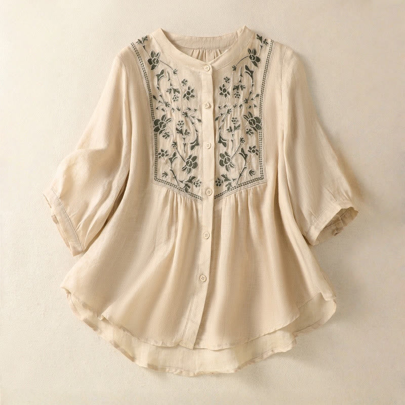 Camisa de lino y algodón para mujer, de manga tres cuartos, con bordado de Buddha Stones y botonadura sencilla - Vara de oro pálida - US12, UK/AU16, EU44 (2XL) - image 18