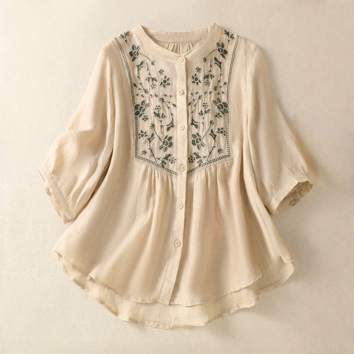 Camisa de lino y algodón para mujer, de manga tres cuartos, con bordado de Buddha Stones y botonadura sencilla - Vara de oro pálida - US12, UK/AU16, EU44 (2XL) - image 18