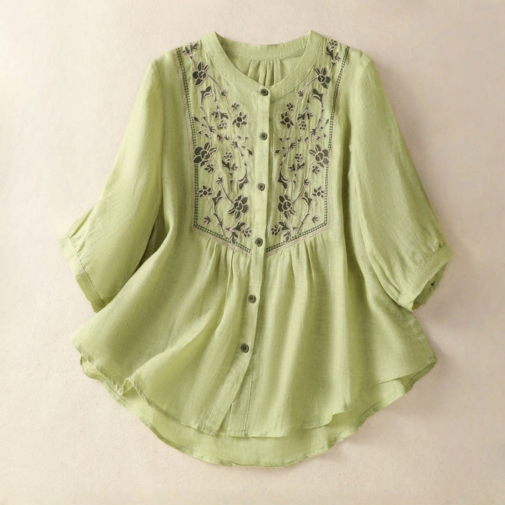 Camisa de lino y algodón para mujer, de manga tres cuartos, con bordado de Buddha Stones y botonadura sencilla - Verde claro - US12, UK/AU16, EU44 (2XL) - image 0
