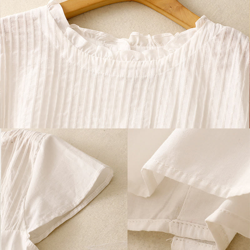 Camisa de manga corta de algodón para mujer con diseño plisado y volantes de color puro de Buddha Stones para verano - image 15