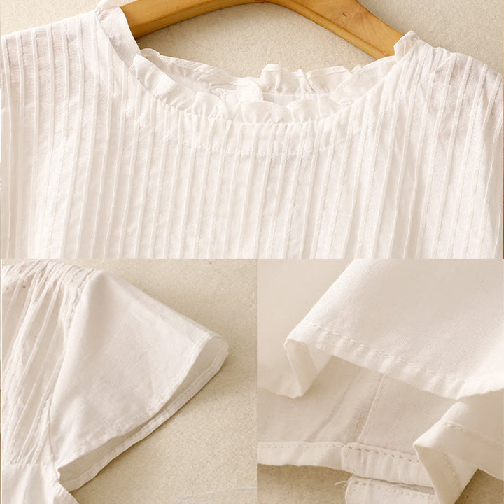 Camisa de manga corta de algodón para mujer con diseño plisado y volantes de color puro de Buddha Stones para verano - image 15