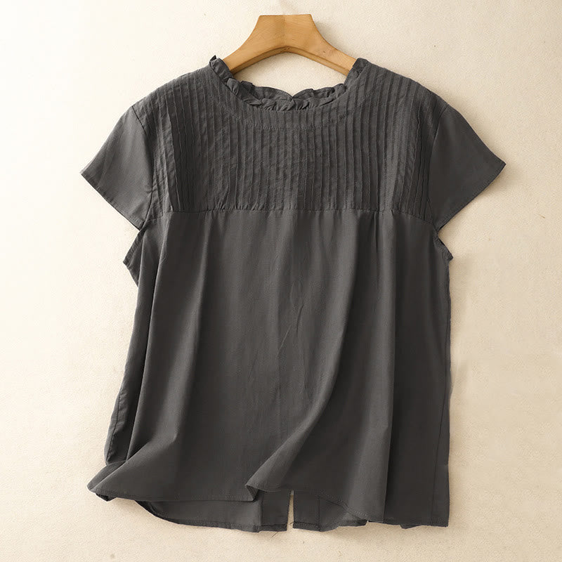 Camisa de manga corta de algodón para mujer con diseño plisado y volantes de color puro de Buddha Stones para verano - Gris pizarra oscuro - US12, UK/AU16, EU44 (2XL) - image 7